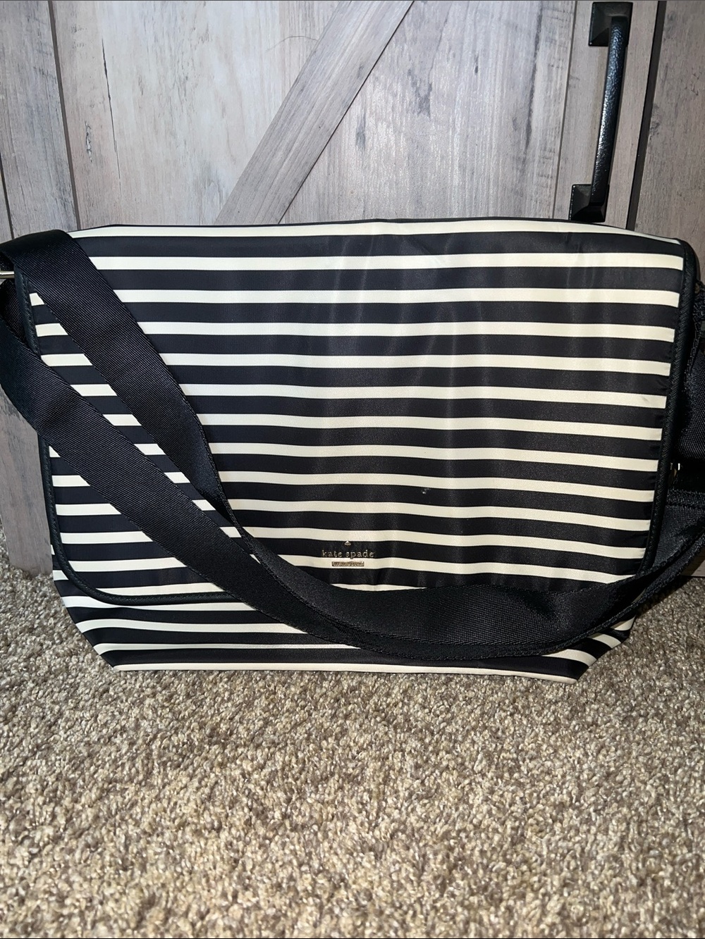 kate spade Black and White Striped Nylon Messenger Bag
